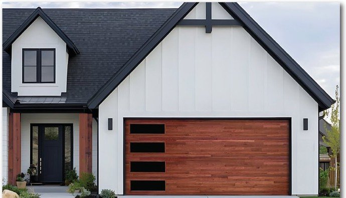 Cedar Safe-Way Plank Wood Grain garage door shown on a home