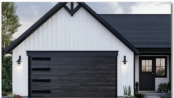 Charcoal Safe-Way Plank Wood Grain garage door shown on a home