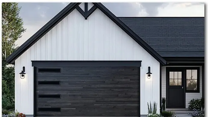 Charcoal Safe-Way Bi-Directional Wood Grain garage door shown on a home
