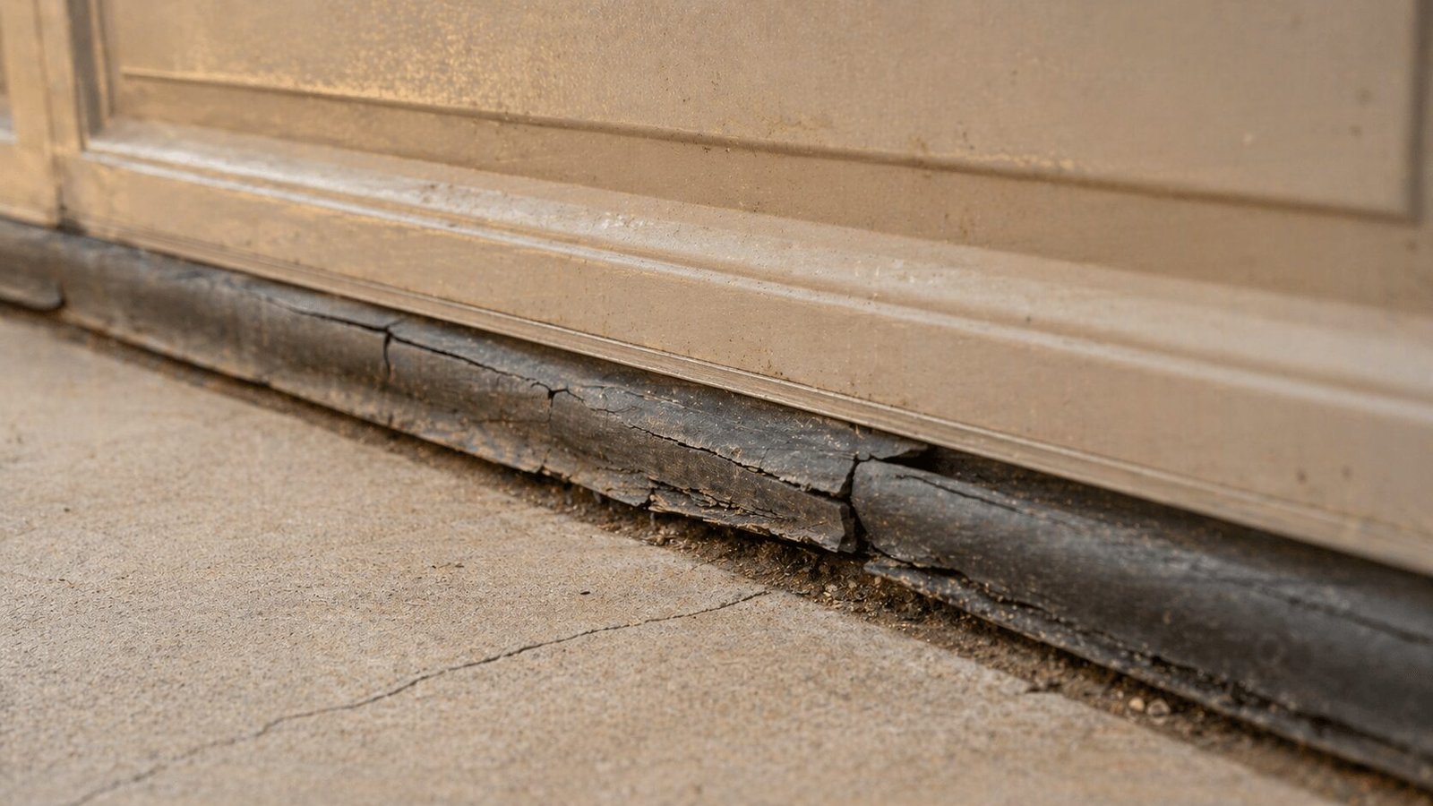 Close-up of a cracked, sun-baked garage door bottom weather seal on an Arizona home — Farnsworth Garage Door Service maintenance reference