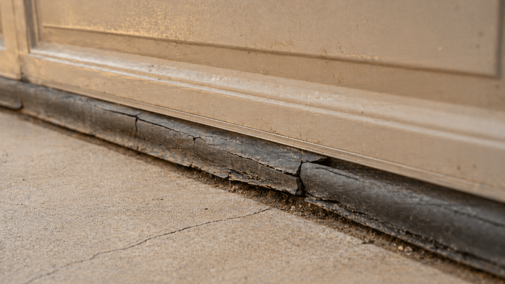 Close-up of a cracked, sun-baked garage door bottom weather seal on an Arizona home — Farnsworth Garage Door Service maintenance reference