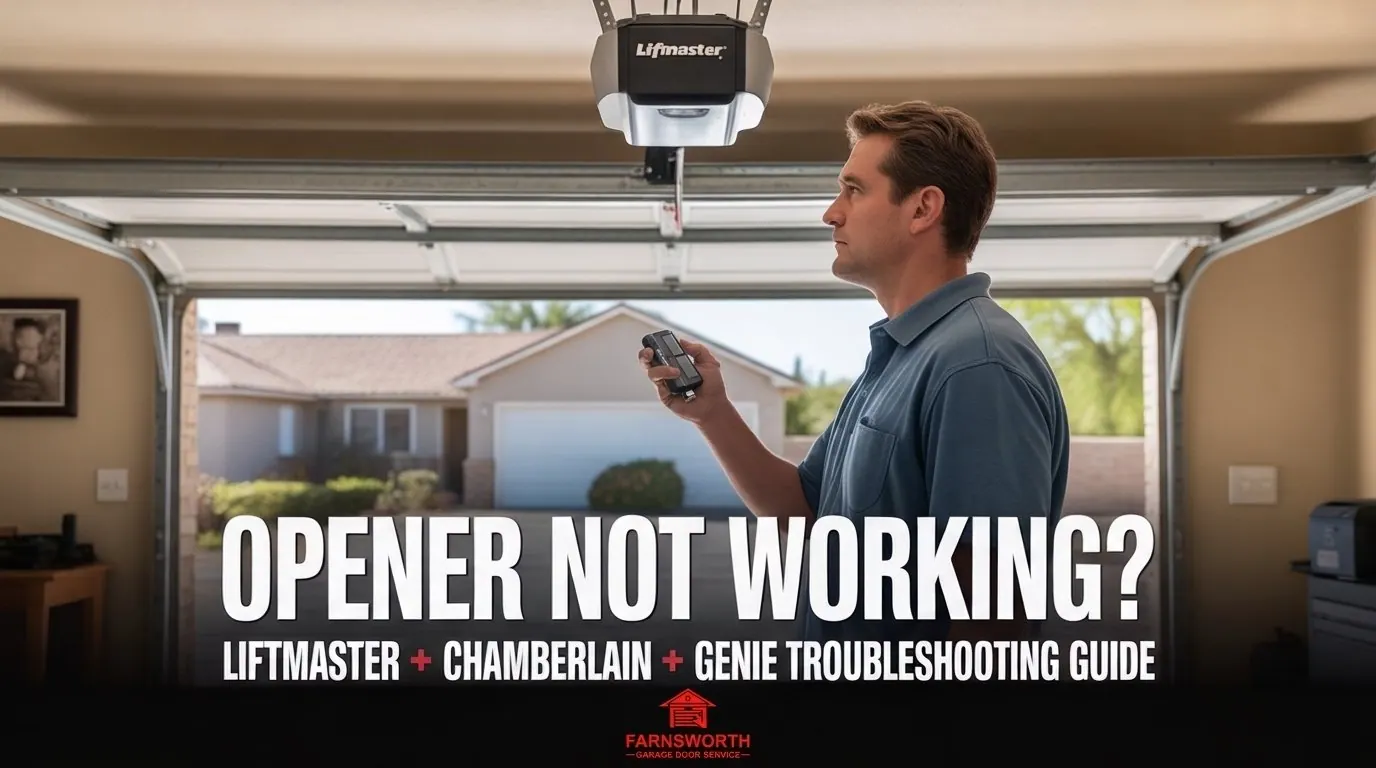 Garage Door Opener Not Working? LiftMaster, Chamberlain & Genie Troubleshooting — Farnsworth Garage Door Service Homeowner troubleshooting a LiftMaster garage door opener in Mesa, Arizona — Farnsworth Garage Door Service East Valley repair guide