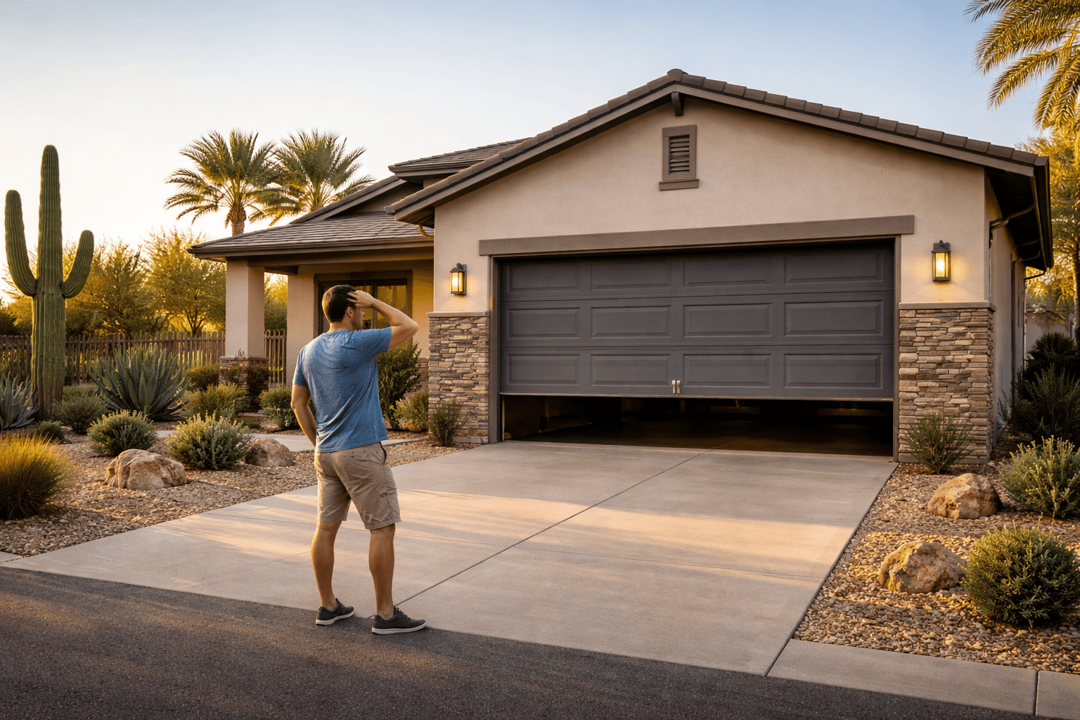 Homeowner in Mesa, Arizona looking at a stuck garage door — Farnsworth Garage Door Service 7 fast fixes before calling a repair tech in the East Valley