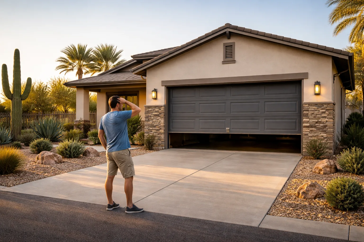 Garage Door Won't Open? 7 Fast Fixes — Farnsworth Garage Door Service, Mesa & East Valley Homeowner in Mesa, Arizona looking at a stuck garage door — Farnsworth Garage Door Service 7 fast fixes before calling a repair tech in the East Valley