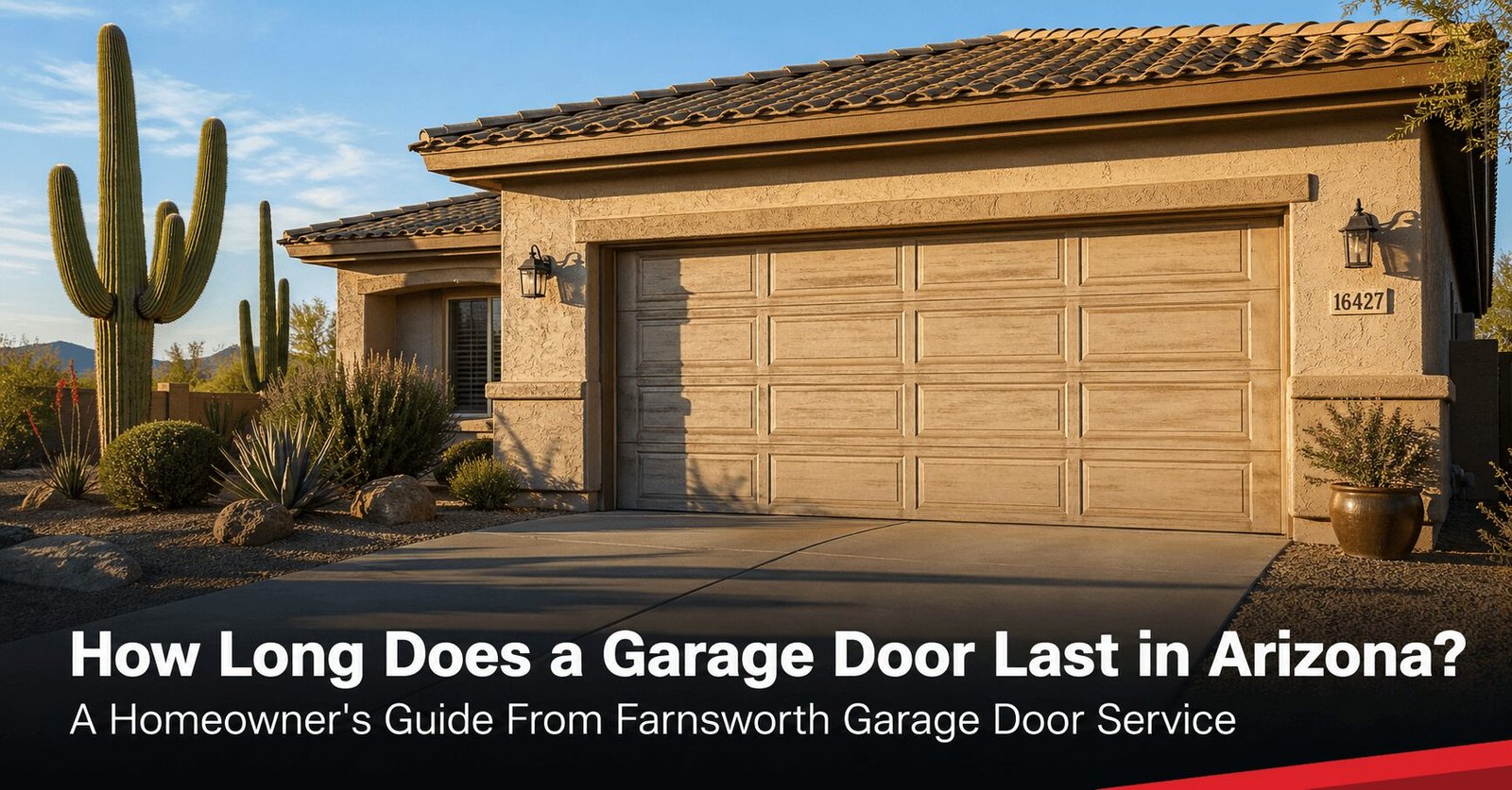 Sun-faded garage door on an East Valley Arizona stucco home — Farnsworth Garage Door Service guide to how long garage doors last in Arizona