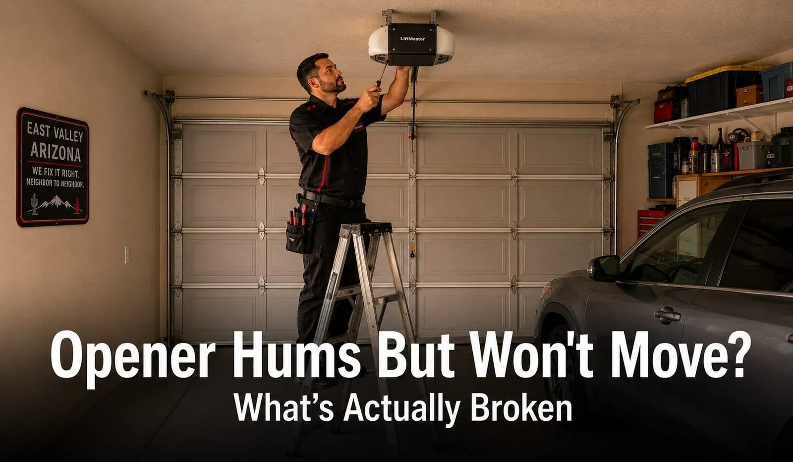 Garage Door Opener Hums But Door Won't Move: What's Actually Broken | Farnsworth Garage Door Service A Farnsworth technician on a ladder inspecting a humming garage door opener motor on the ceiling of an East Valley Arizona garage.