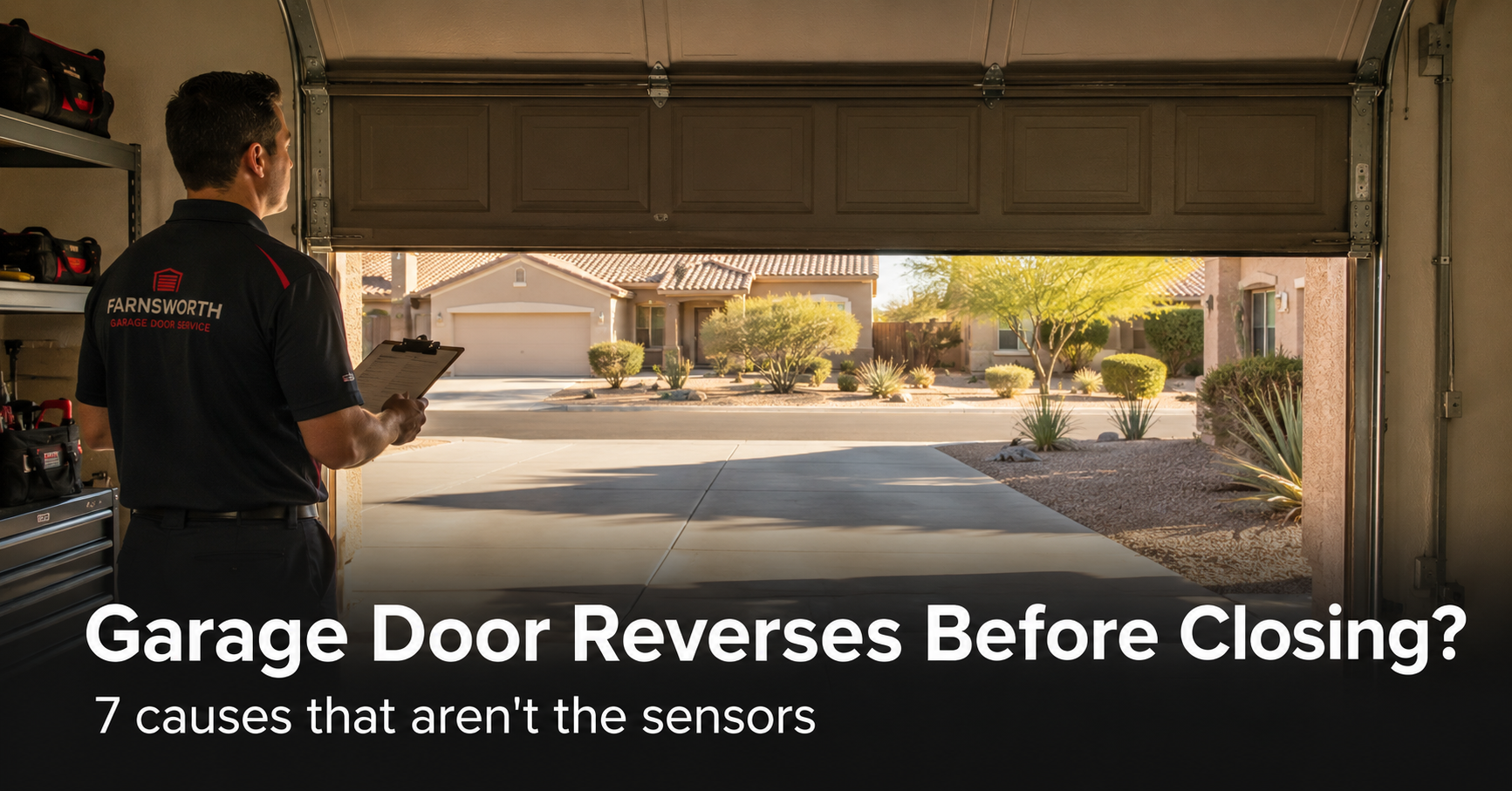 A garage door near the bottom of its travel on an East Valley Arizona home, captured mid-reverse, with a uniformed Farnsworth technician watching the door from inside the garage.