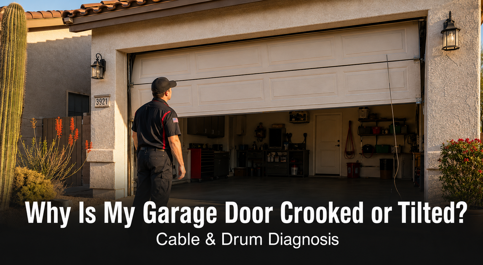 Why Is My Garage Door Crooked or Tilted? Cable & Drum Diagnosis | Farnsworth Garage Door Service A residential garage door sitting visibly crooked and higher on one side on an East Valley Arizona stucco home in warm late-afternoon light, with a loose lift cable hanging at the corner.