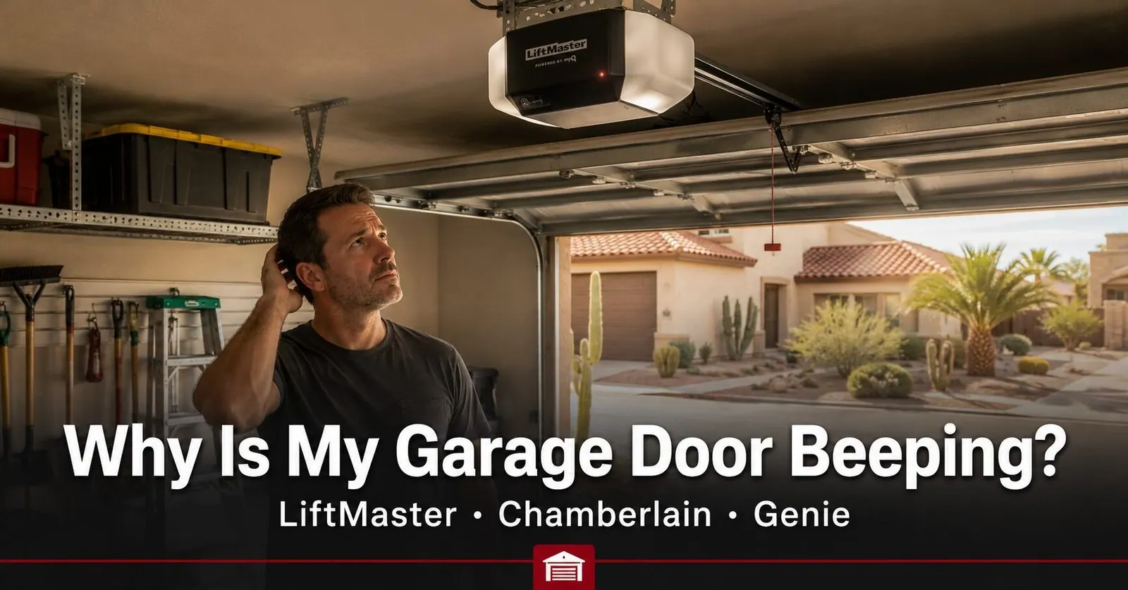 Garage Door Beeping? What the Beeps Mean (LiftMaster, Chamberlain, Genie) | Farnsworth Garage Door Service A homeowner looking up at a ceiling-mounted garage door opener that is beeping, inside the garage of an East Valley Arizona home in warm afternoon light.