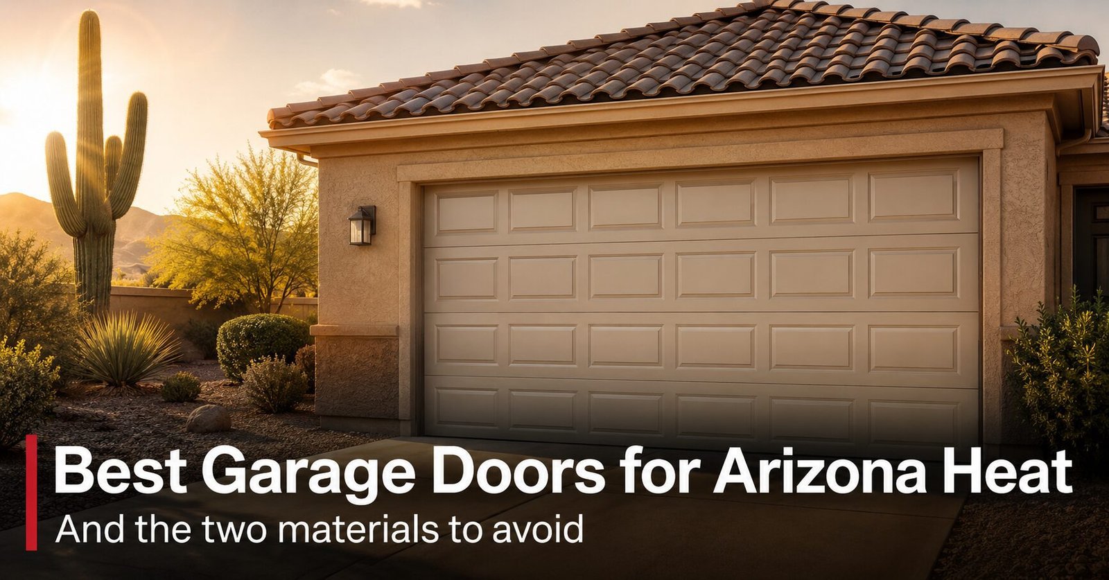A polyurethane-insulated steel garage door on a stucco East Valley Arizona home with desert landscaping in intense late-afternoon summer sunlight, built to handle Phoenix heat.