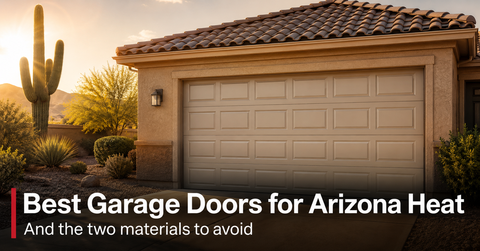 Best Garage Doors for Arizona Heat (And Two Materials to Avoid) | Farnsworth Garage Door Service A polyurethane-insulated steel garage door on a stucco East Valley Arizona home with desert landscaping in intense late-afternoon summer sunlight, built to handle Phoenix heat.
