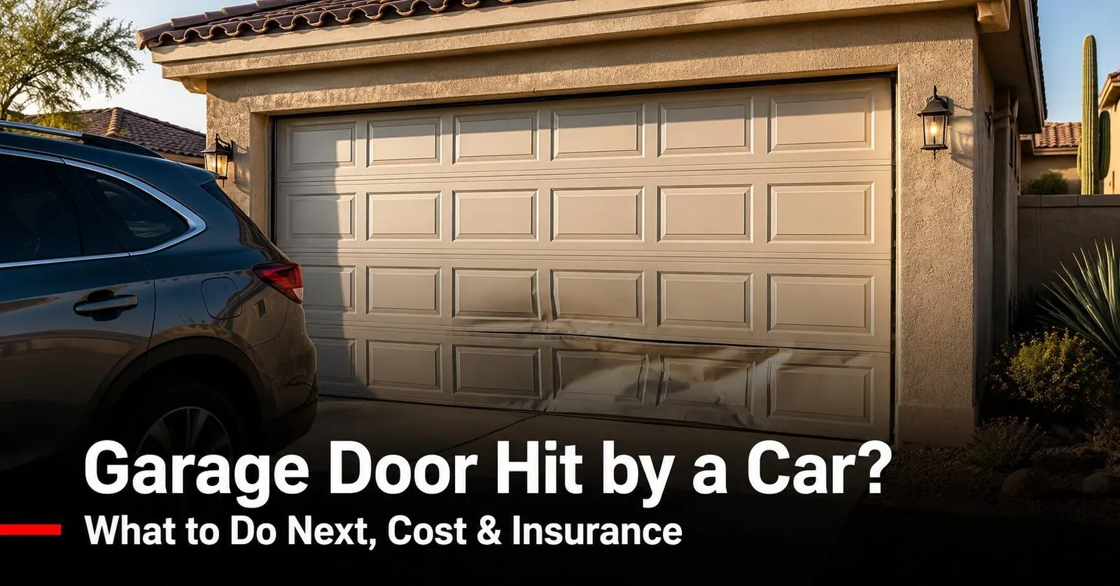 Garage Door Hit by a Car: What to Do Next, Cost, and Insurance Tips | Farnsworth Garage Door Service A sectional garage door on a stucco Mesa, Arizona home with a dented lower panel after being backed into by a car, in warm late-afternoon light.