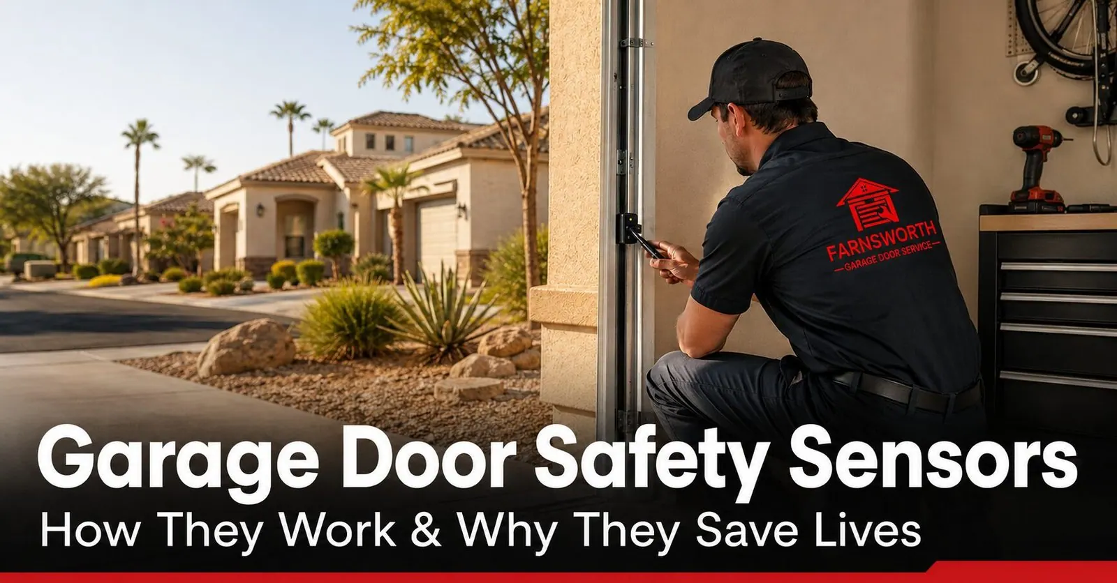 Garage Door Safety Sensors: How They Work and Why They Save Lives | Farnsworth Garage Door Service Close-up of a garage door photo-eye safety sensor mounted near the floor track of a stucco East Valley Arizona home, with the open garage and desert driveway behind it in warm afternoon light.