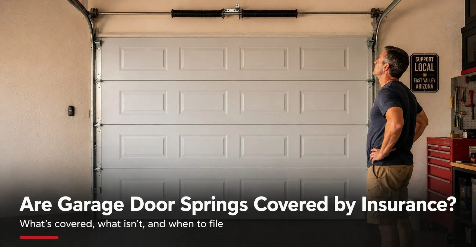 Are Garage Door Springs Covered by Homeowners Insurance? | Farnsworth Garage Door Service A homeowner looking at a broken torsion spring above a garage door on a stucco East Valley Arizona home, wondering whether homeowners insurance will cover the repair.