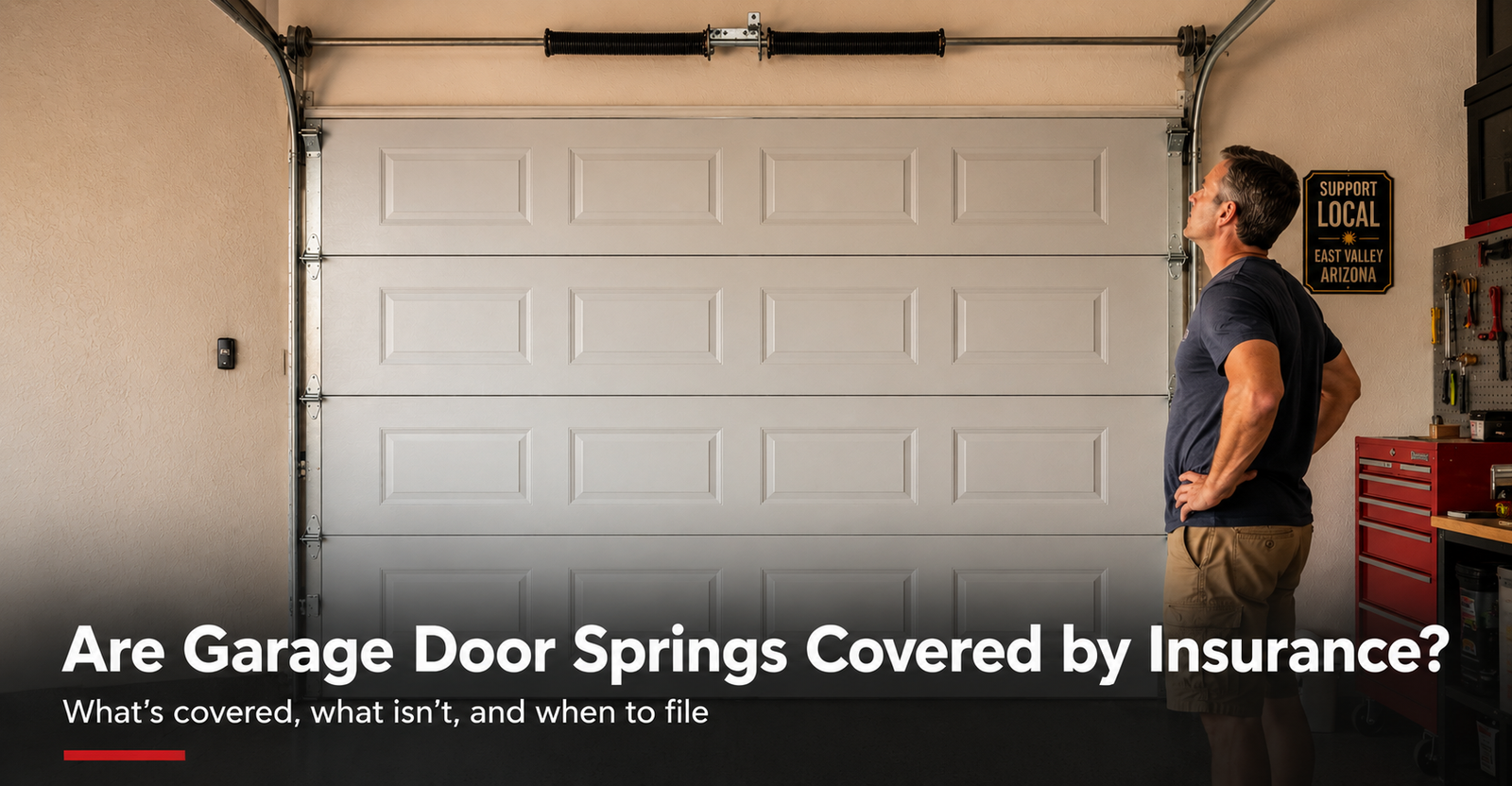 A homeowner looking at a broken torsion spring above a garage door on a stucco East Valley Arizona home, wondering whether homeowners insurance will cover the repair.