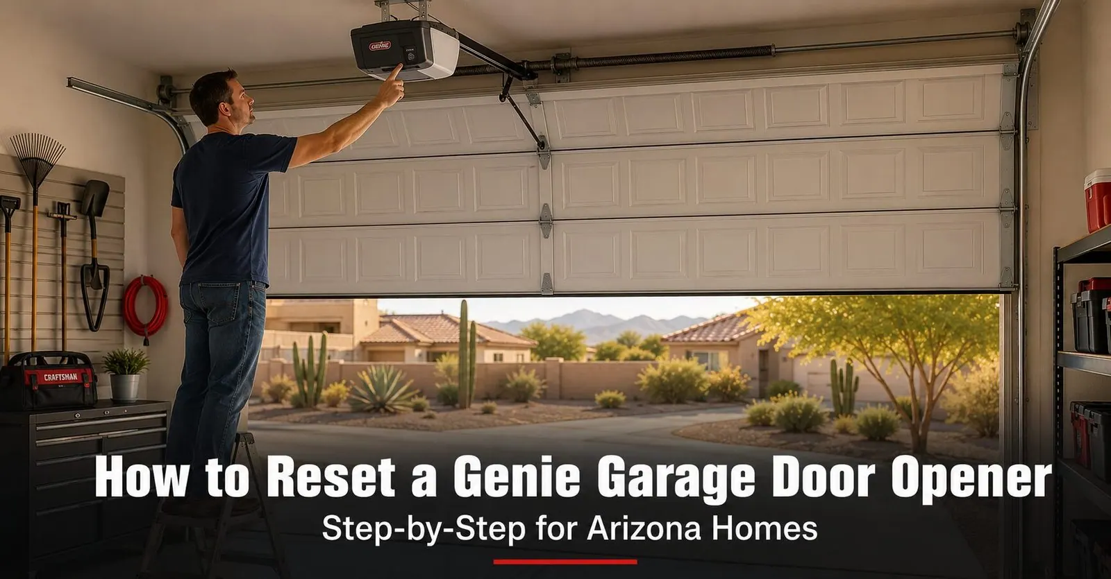 Genie Garage Door Opener Reset: Step-by-Step | Farnsworth Garage Door Service A homeowner reaching up to press the Learn button on a ceiling-mounted Genie garage door opener motor in an East Valley Arizona garage.