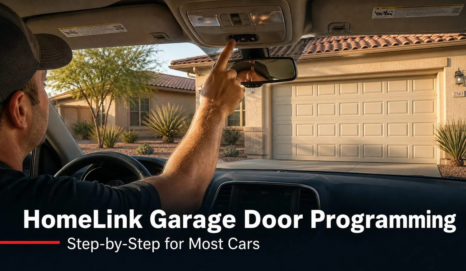 HomeLink Garage Door Programming: Step-by-Step for Most Cars | Farnsworth Garage Door Service A driver pressing the HomeLink buttons on the overhead console of a car parked in the driveway of a stucco East Valley Arizona home, programming the car to a garage door opener.