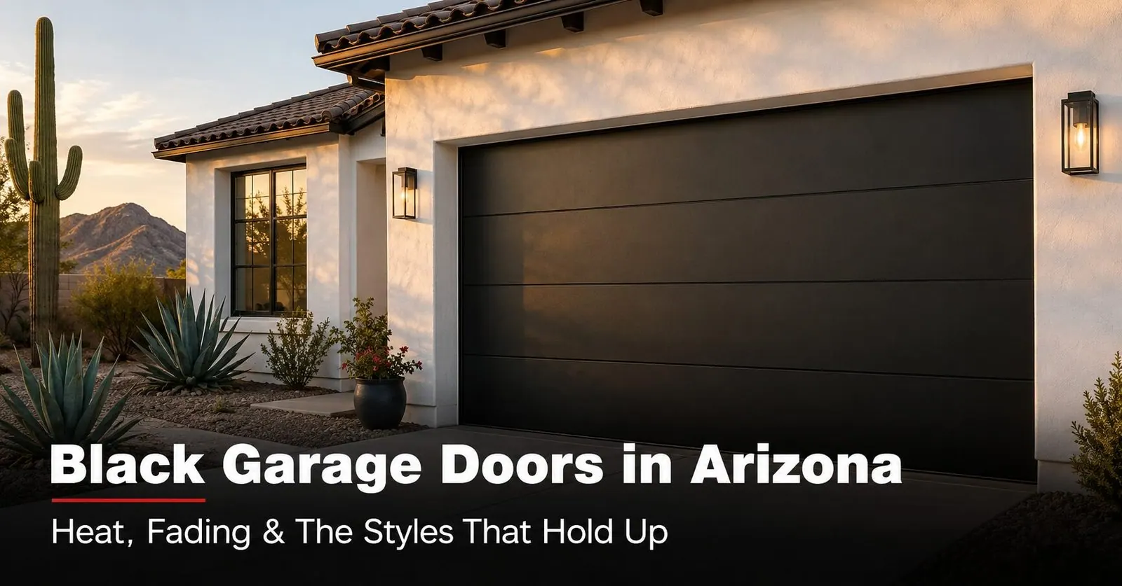 Modern Black Garage Doors in Arizona: Heat Concerns, Top Styles & How to Choose | Farnsworth Garage Door Service A modern East Valley Arizona stucco home with a matte-black flush-panel sectional garage door, desert landscaping, and warm late-afternoon light.