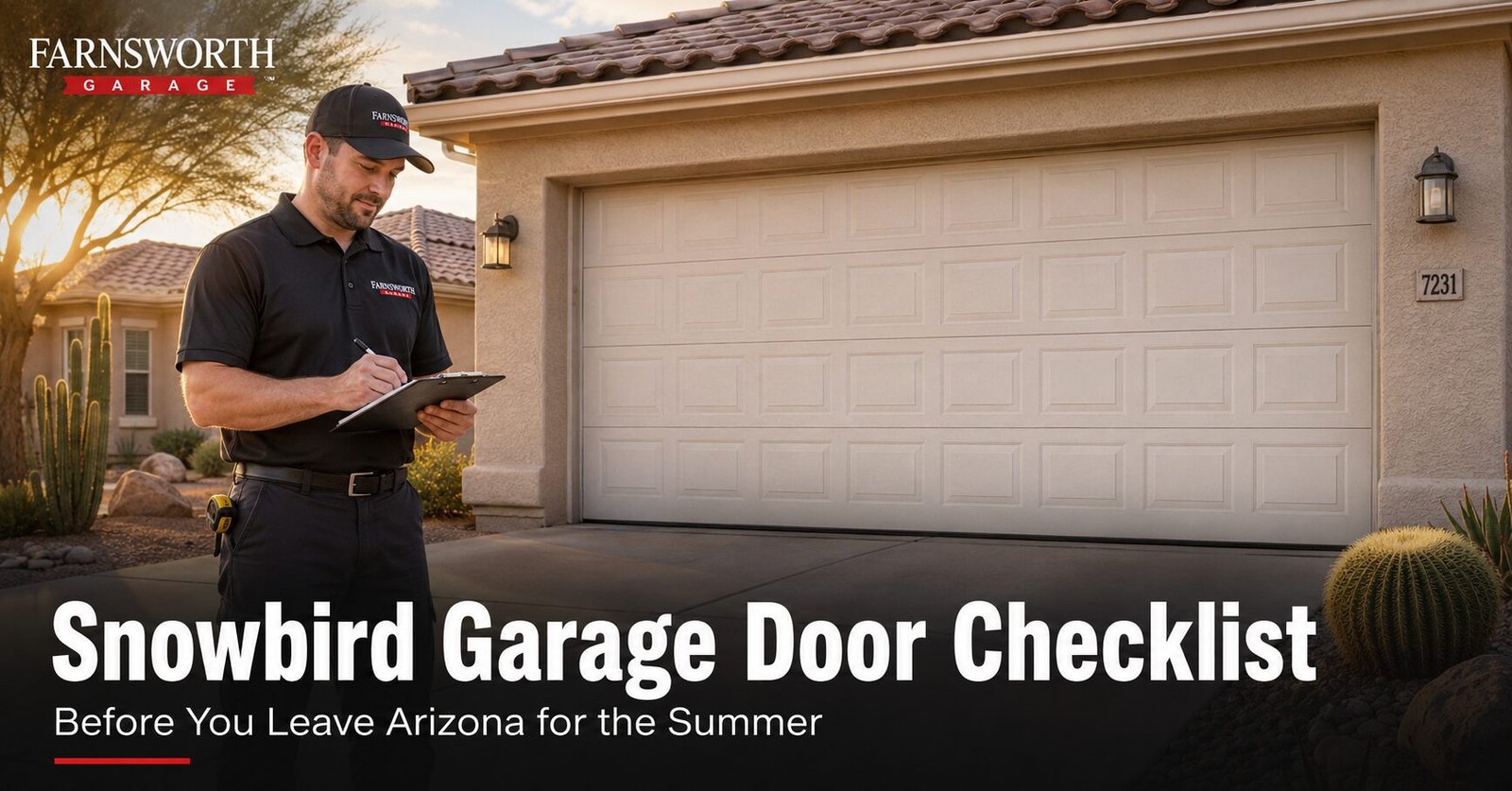 Snowbird Checklist: Preparing Your Garage Door Before Leaving for the Summer | Farnsworth Garage Door Service A closed, well-maintained garage door on a stucco East Valley Arizona home with desert landscaping in warm late-afternoon light, secured for the summer while the owners are away.