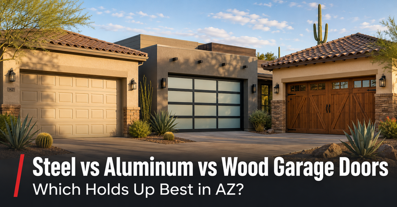Steel vs Aluminum vs Wood Garage Doors: Which Holds Up Best in AZ? | Farnsworth Garage Door Service Three Arizona East Valley garage doors side by side — a 24-gauge insulated steel door, a contemporary aluminum full-view glass door, and a stained cedar carriage-house wood door — on stucco homes with desert landscaping in warm late-afternoon Phoenix sunlight.