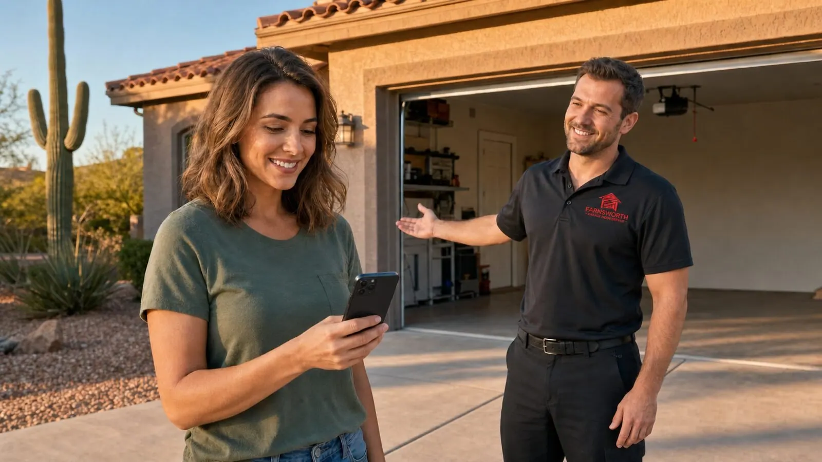 Homeowner opening a smart garage door from a smartphone app at a Mesa, Arizona home while a Farnsworth technician finishes the opener setup