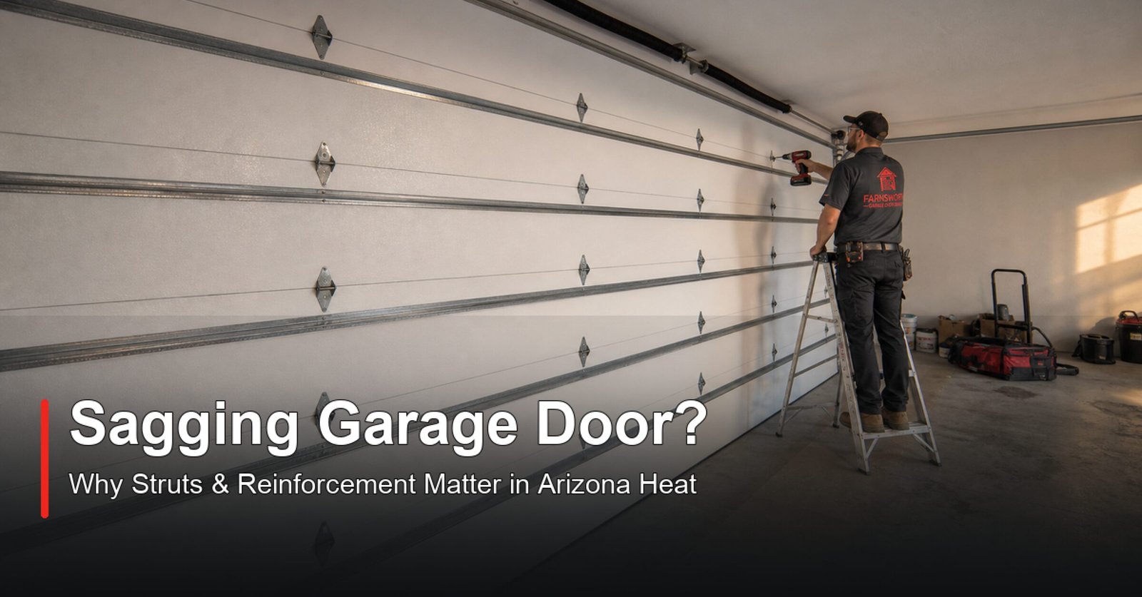 Sagging Garage Door? Why Struts and Reinforcement Matter | Farnsworth Garage Door Service A garage door technician installing a horizontal steel reinforcement strut across the top section of a sectional garage door in Mesa, Arizona.