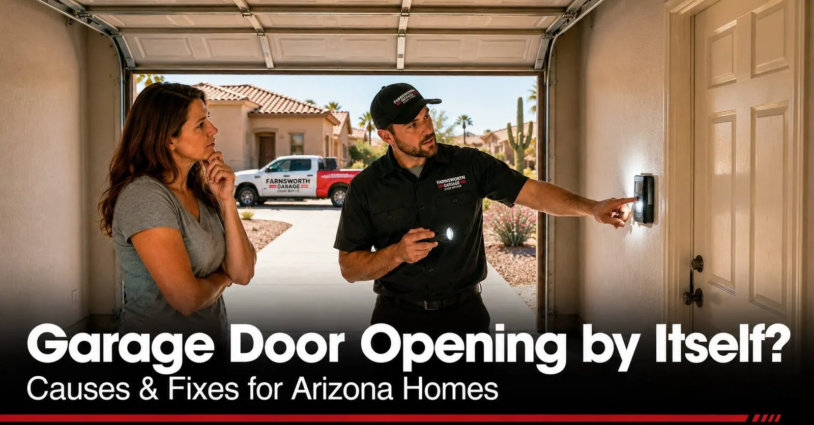 Garage Door Opens or Closes by Itself? Causes and Fixes for Arizona Homes | Farnsworth Garage Door Service A garage door technician inspecting a wall-mounted opener button inside a Mesa, Arizona garage to diagnose a door that opens by itself.
