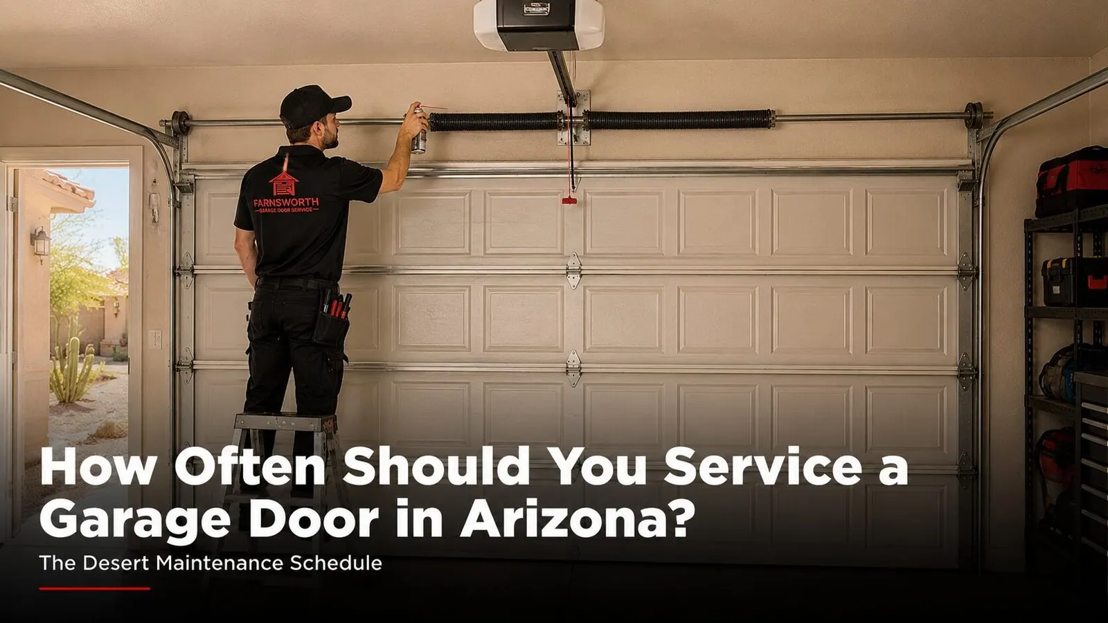 How Often Should You Service a Garage Door in Arizona's Heat? | Farnsworth Garage Door Service A garage door technician lubricating the torsion spring of a residential garage door during a summer tune-up in Mesa, Arizona.