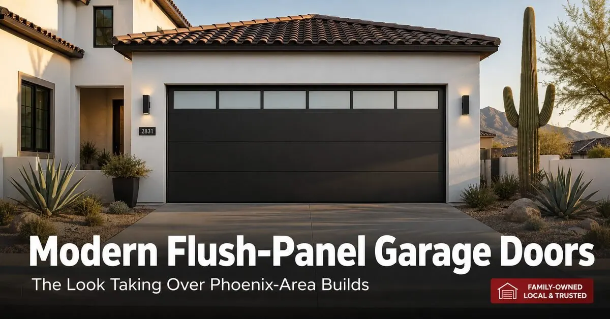 Modern Flush-Panel Garage Doors in Arizona | Farnsworth Garage Door Service A matte black modern flush-panel garage door with a top row of frosted windows on a desert-contemporary stucco home in Mesa, Arizona.