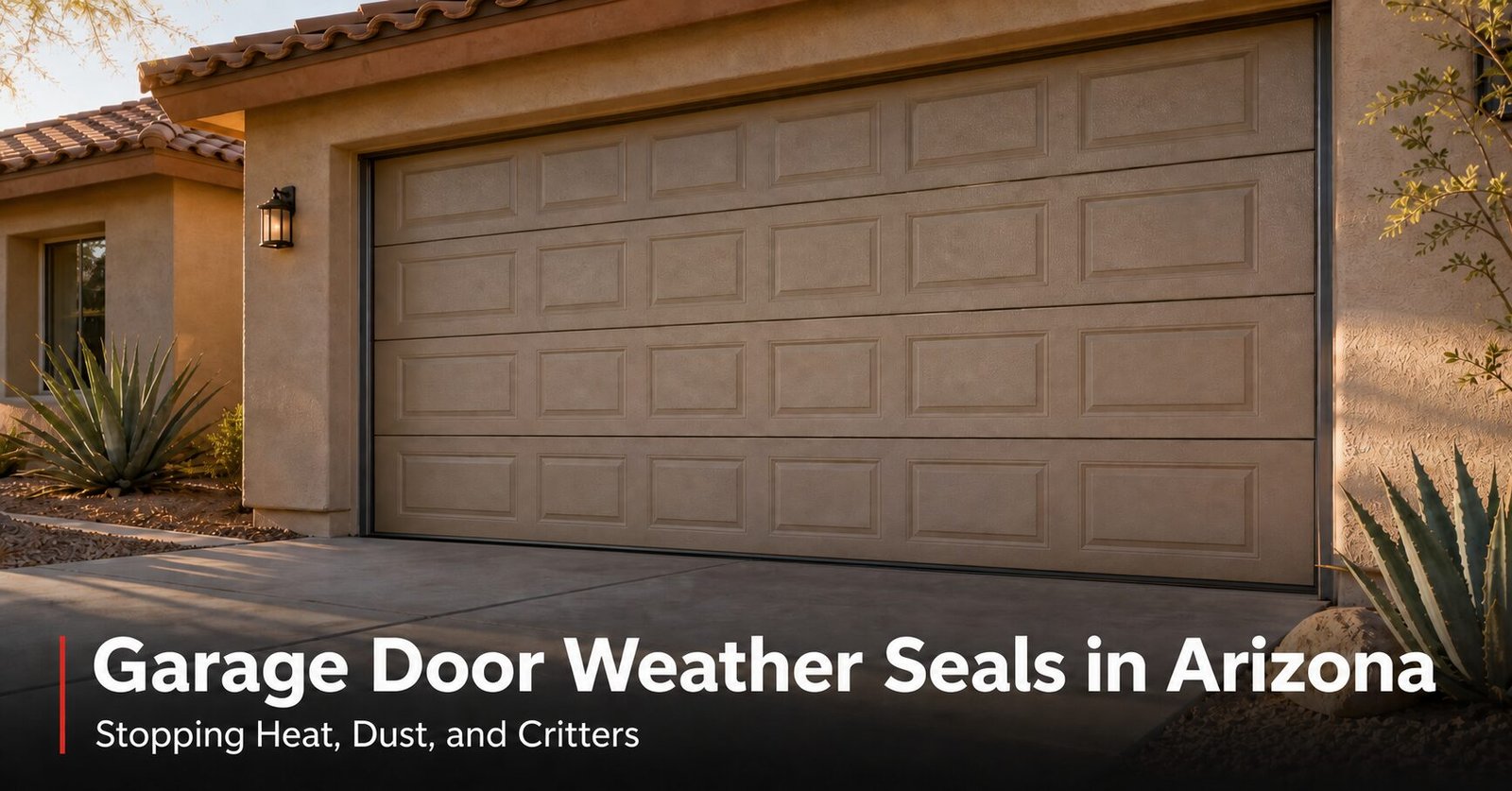 Garage Door Weather Seals in Arizona | Farnsworth Garage Door Service Closed sectional garage door on an Arizona stucco home with a visible gap of daylight along the bottom seal and side jamb.
