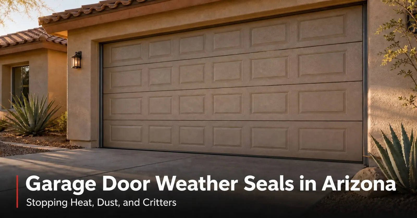 Garage Door Weather Seals in Arizona | Farnsworth Garage Door Service Closed sectional garage door on an Arizona stucco home with a visible gap of daylight along the bottom seal and side jamb.