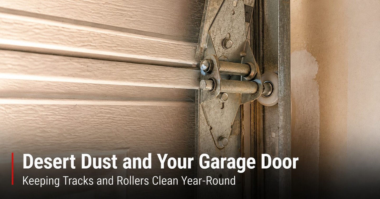 Desert Dust and Your Garage Door | Farnsworth Garage Door Service Close-up of a dusty garage door roller and vertical track inside an Arizona garage, with fine desert grit visible along the track.